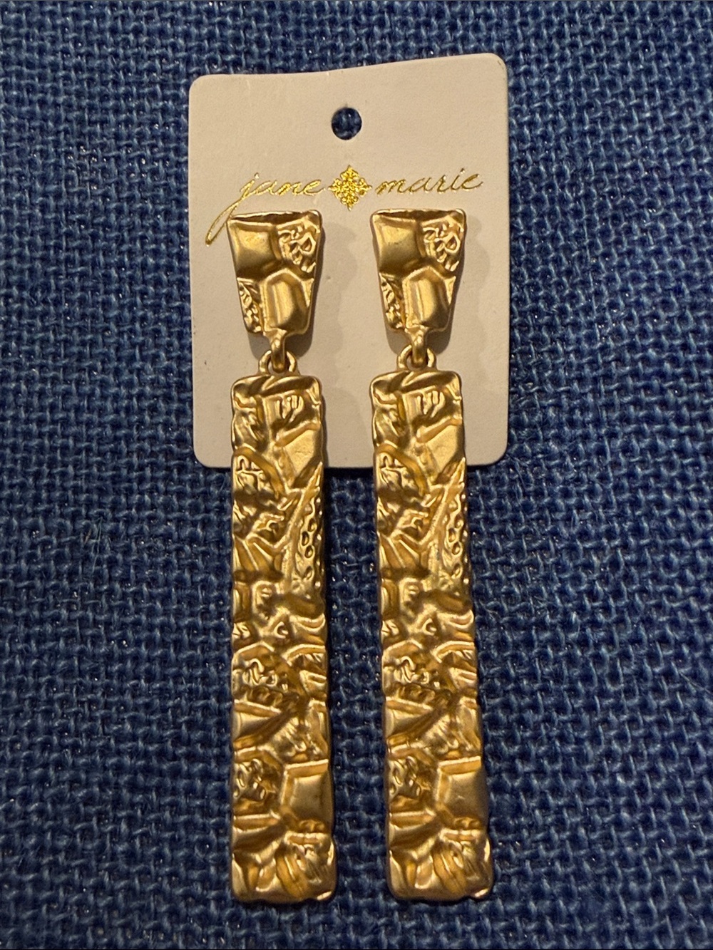 Jane Marie Gold-Tone Textured 3-1/4”  Long Bar Drop Earrings